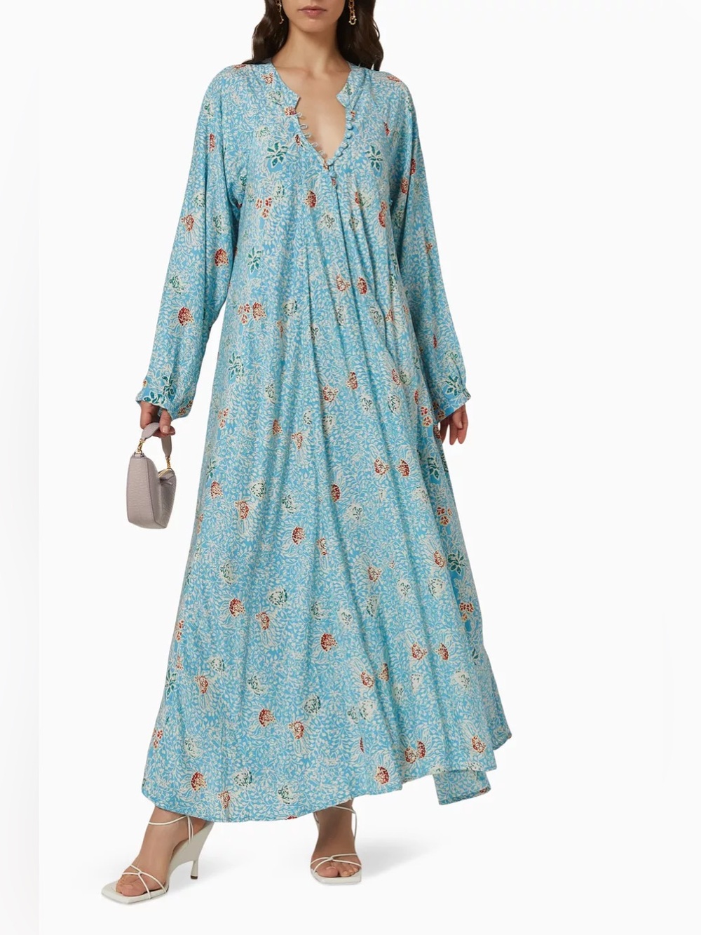 Natalie Martin silk Blue Floral Long-Sleeve Maxi Dress large long sleeve unlined